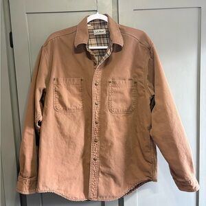 L.L. Bean Brown Work Shirt Jacket with Plaid Trim